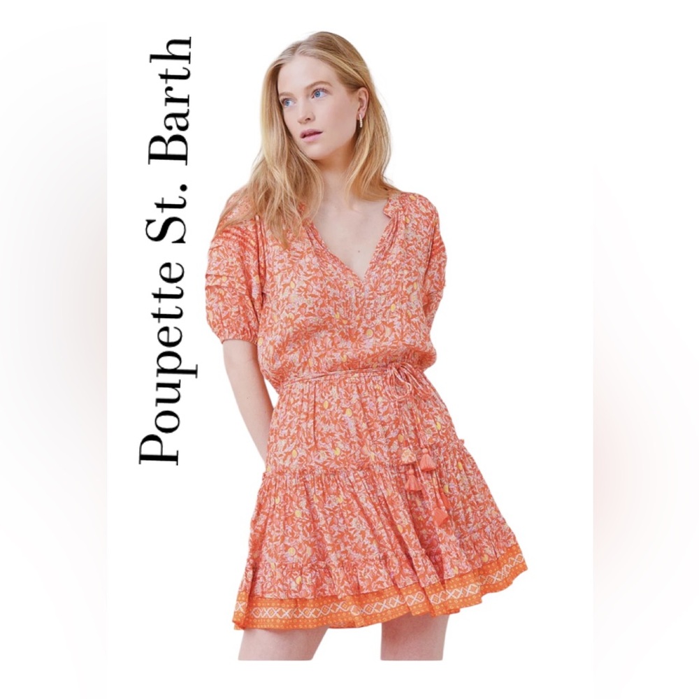 Poupette St. Barth Bonne V-Neck Dress in Orange & Yellow Fruit Print Size Medium